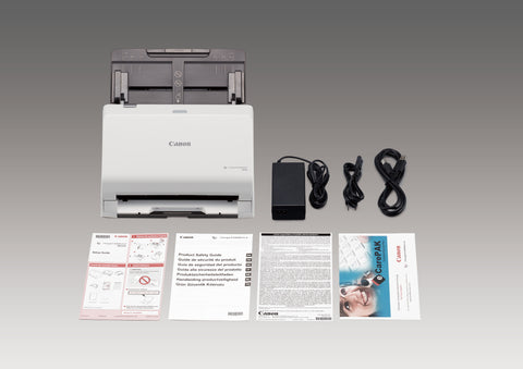 Inhoud van de R30-doos: scanner, kabels, voeding, garantiebewijs en gebruiksaanwijzing. R30 Box Contents - Scanner, Cables, Power Supply, Warranty & Instructions
